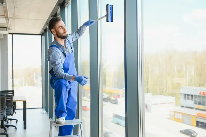 Window cleaner on a ladder cleaning large commercial glass panels