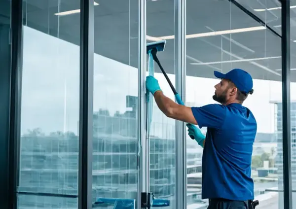 Window cleaning technician using a squeegee on a multi-story glass building