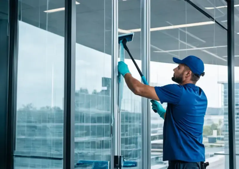 Window cleaning technician using a squeegee on a multi-story glass building