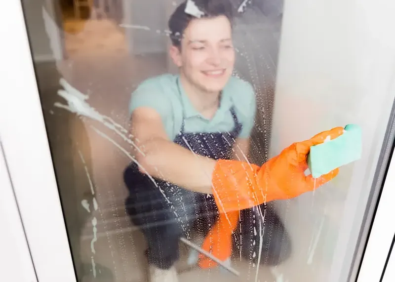 Technician using a sponge to clean soap residue off an interior glass door