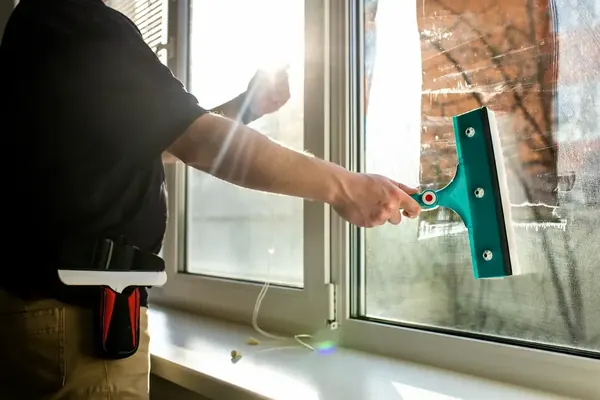 Window cleaner using a squeegee to clean a sunlit window, working corner to corner