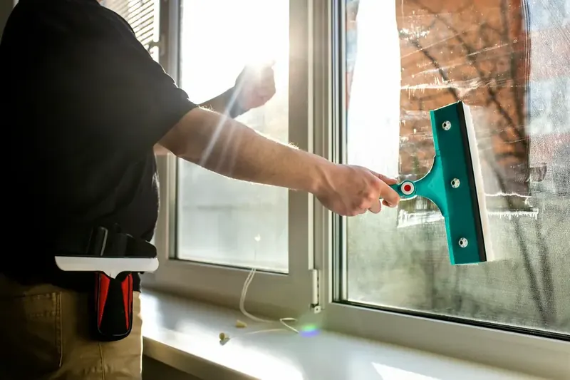 Window cleaner using a squeegee to clean a sunlit window, working corner to corner