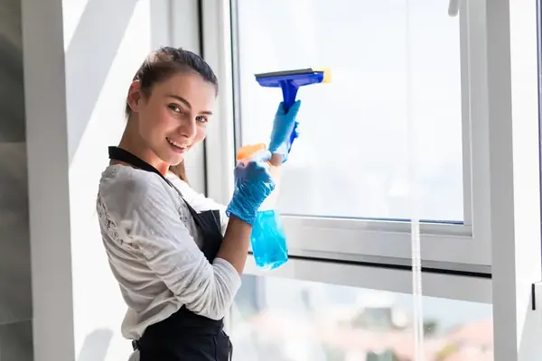 Person using a squeegee and spray bottle to clean a home window